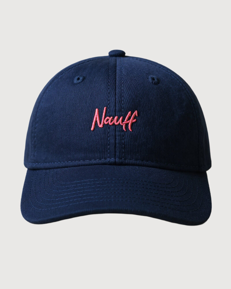 NAUFF Cord Cap Pinky – Navy Cap mit pinker Logo-Stickerei, Frontansicht